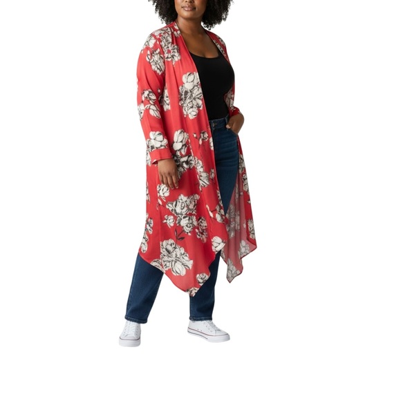 Demin 24/7 Other - Denim 24/7 Red Floral Kimono Duster Cardigan Women’s Size M/L NWOT